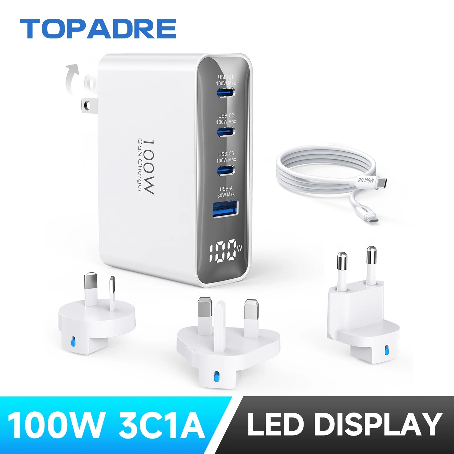 100W 4-Port USB-C Travel Charger – Foldable Worldwide Adapter (UK/EU/AU)