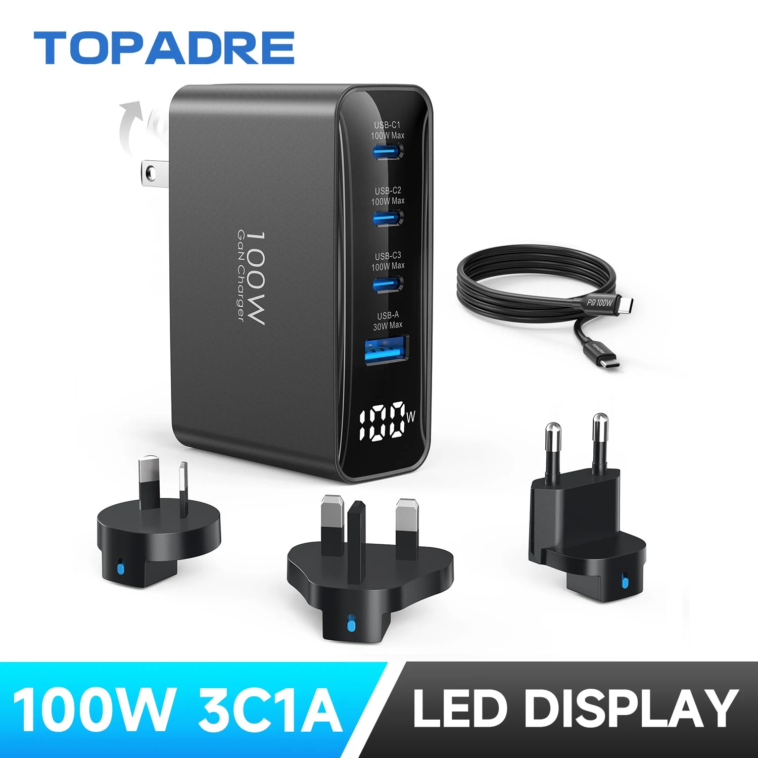100W 4-Port USB-C Travel Charger – Foldable Worldwide Adapter (UK/EU/AU)