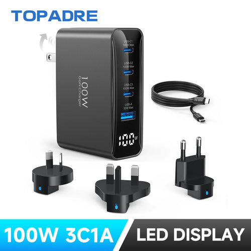 100W 4-Port USB-C Travel Charger – Foldable Worldwide Adapter (UK/EU/AU)