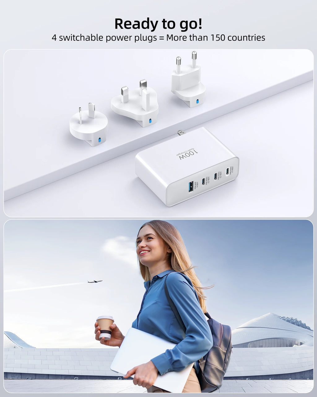 100W 4-Port USB-C Travel Charger – Foldable Worldwide Adapter (UK/EU/AU)