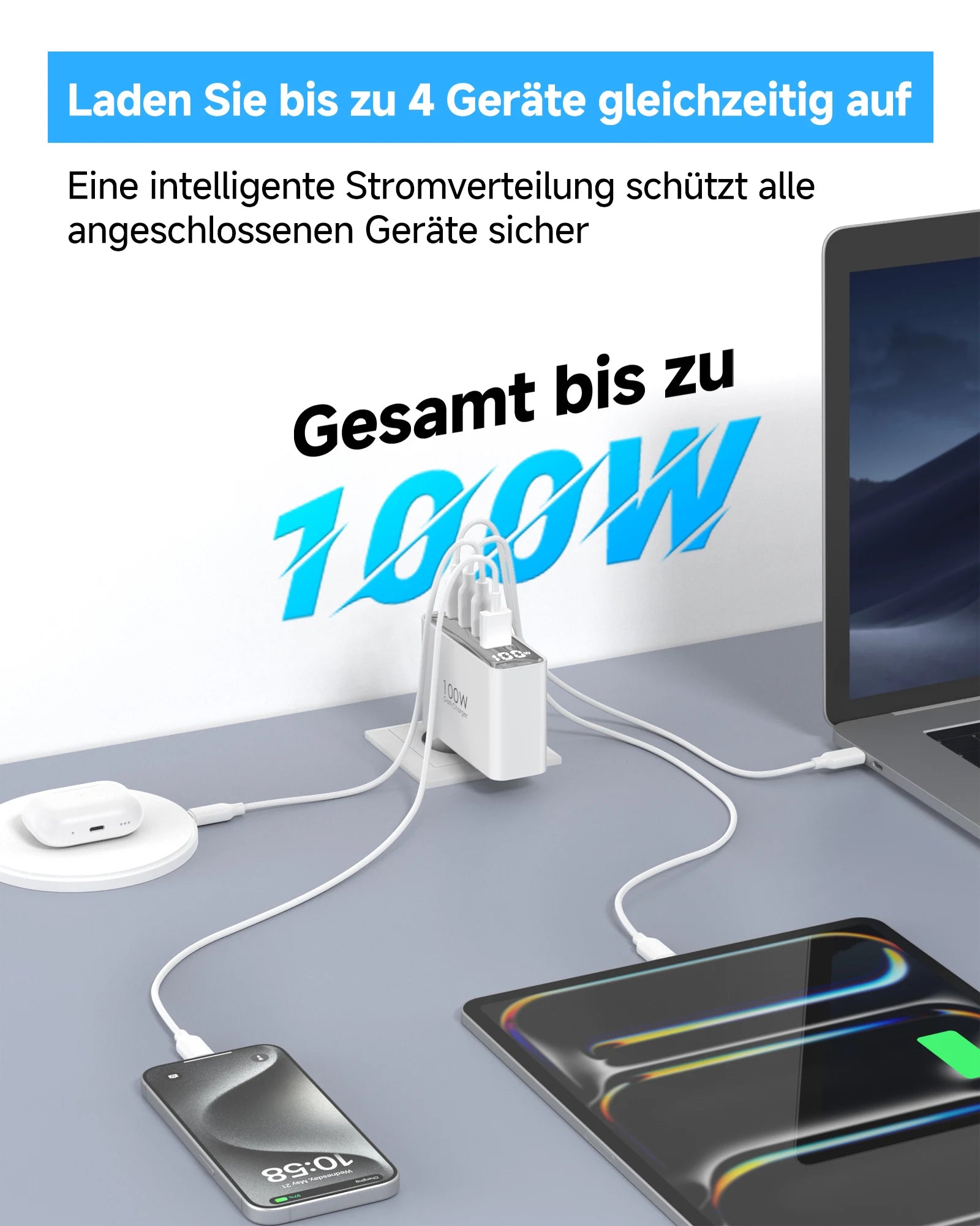 100W 4-Port USB-C Travel Charger – Foldable Worldwide Adapter (UK/EU/AU)