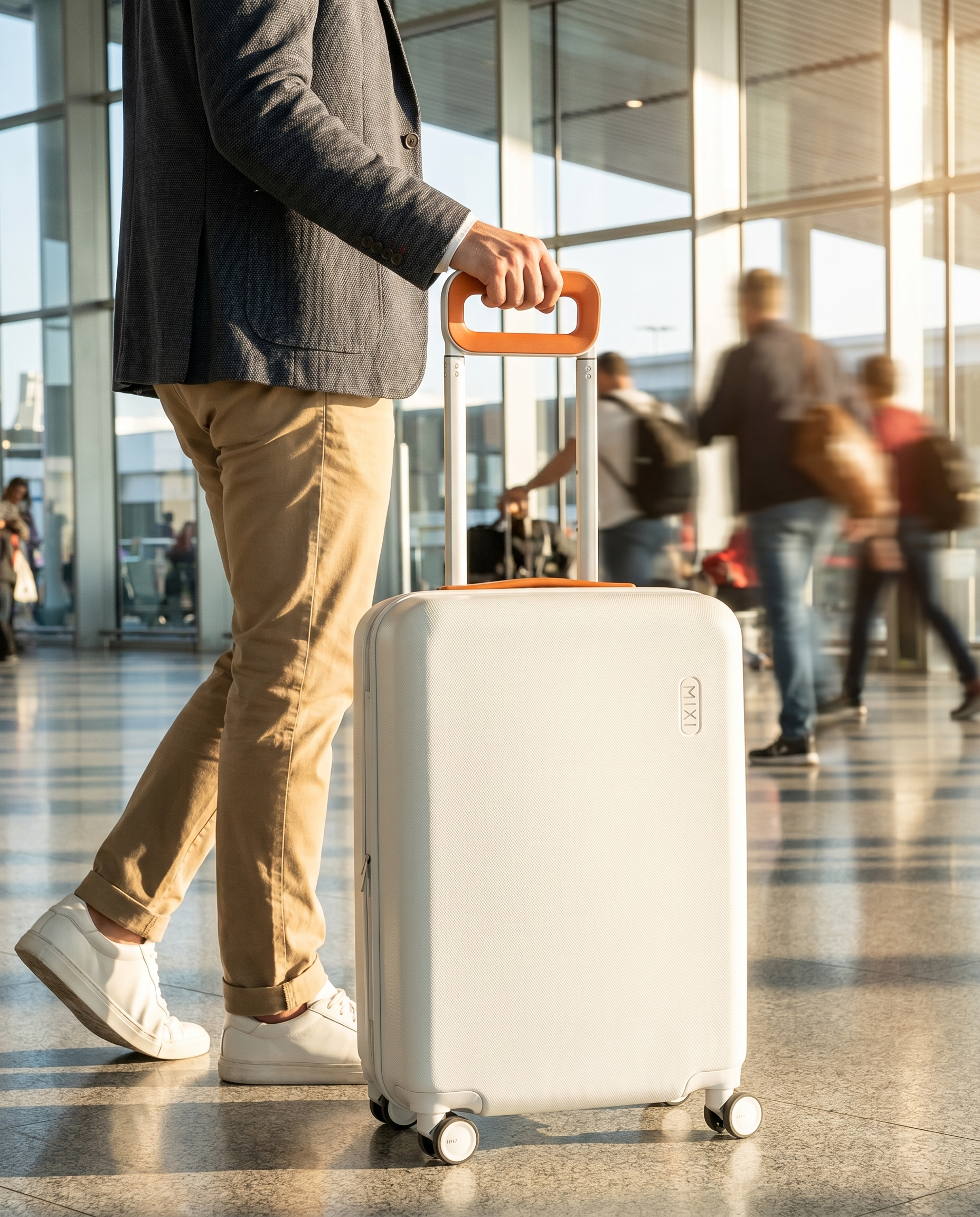 Traveler wheeling the Packtrip Minimal ultra-light suitcase through a sunlit airport terminal