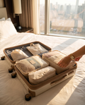 Color-matched packing cubes filled with folded clothes in an open suitcase on a hotel bed