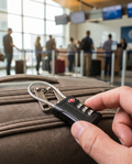 Fingers setting the combination on the TSA luggage lock attached to a suitcase zipper at airport check-in