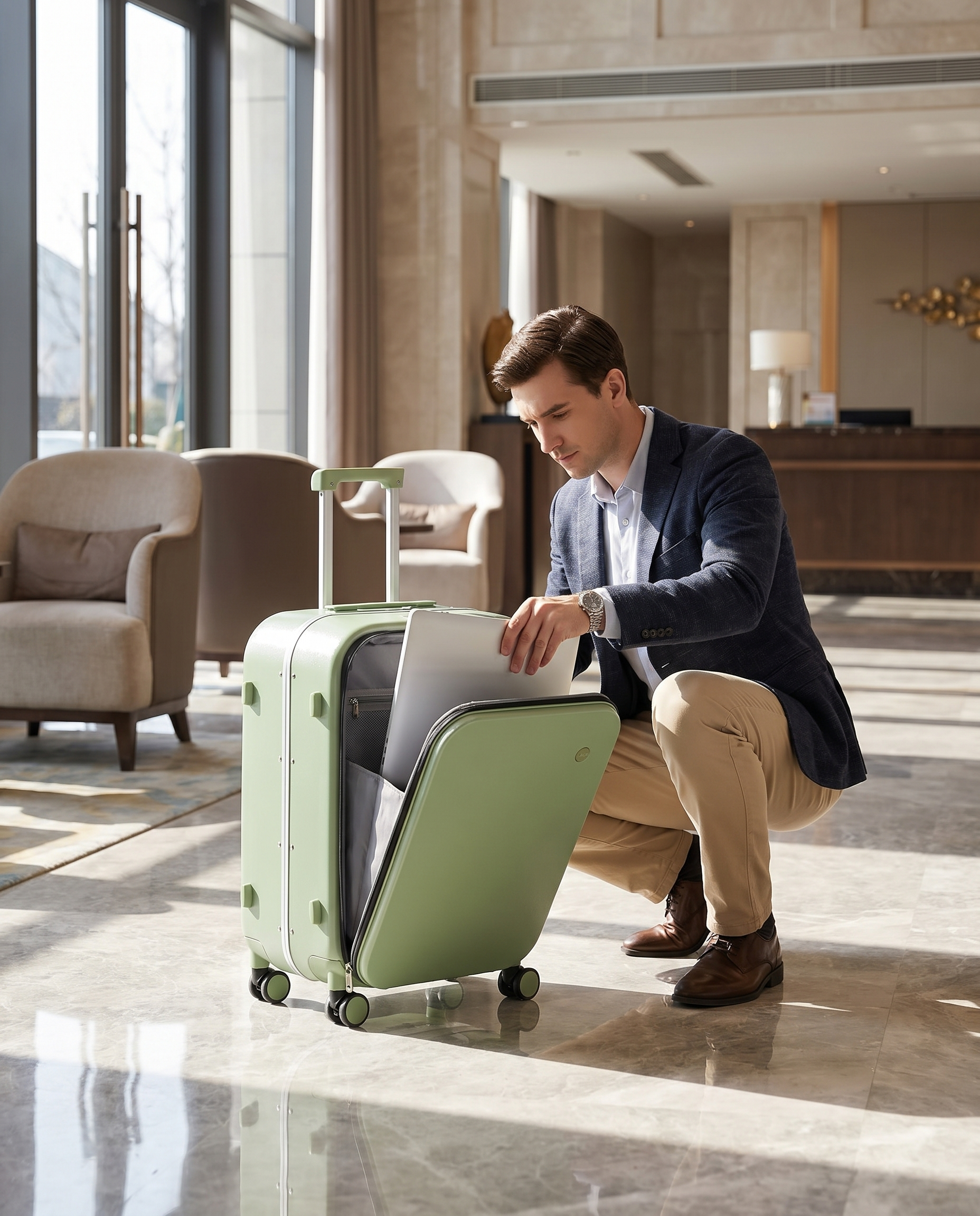 Traveler pulling a laptop from the front-opening aluminum-frame Mixi suitcase in a hotel lobby