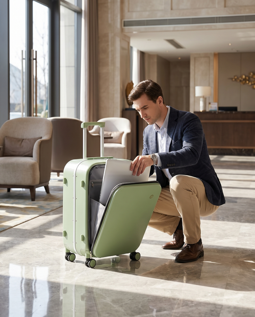 Traveler pulling a laptop from the front-opening aluminum-frame Mixi suitcase in a hotel lobby