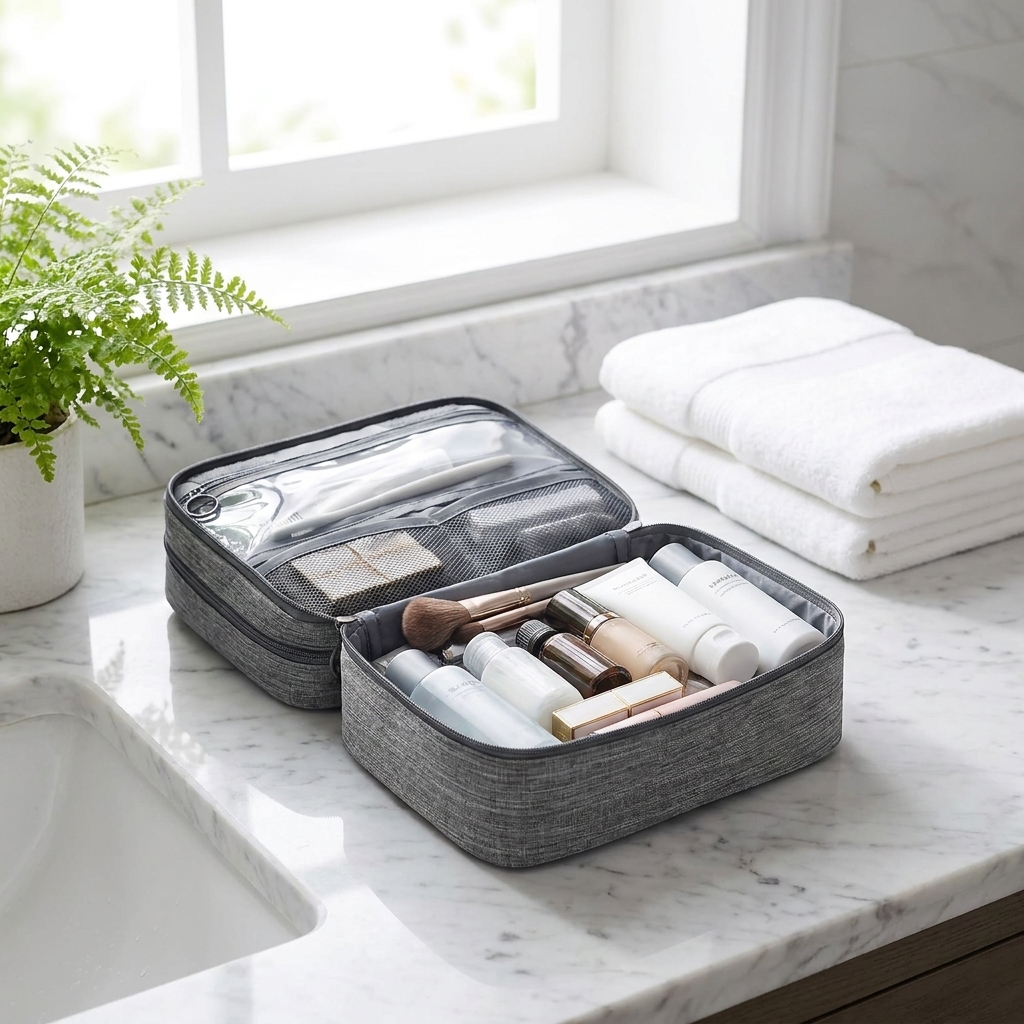 Travel toiletry organizer bag open on a marble hotel bathroom counter