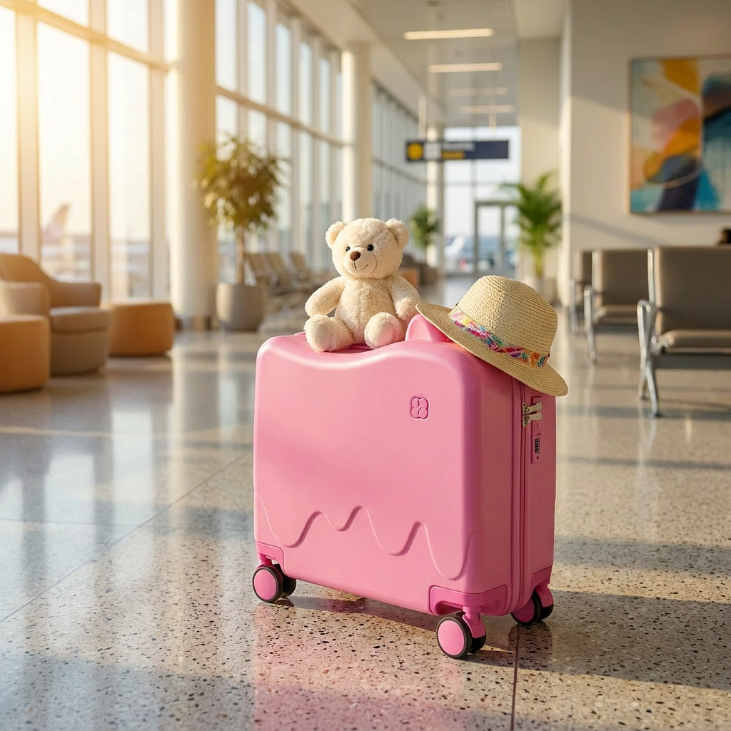 Kids ride-on trolley suitcase in a bright airport terminal