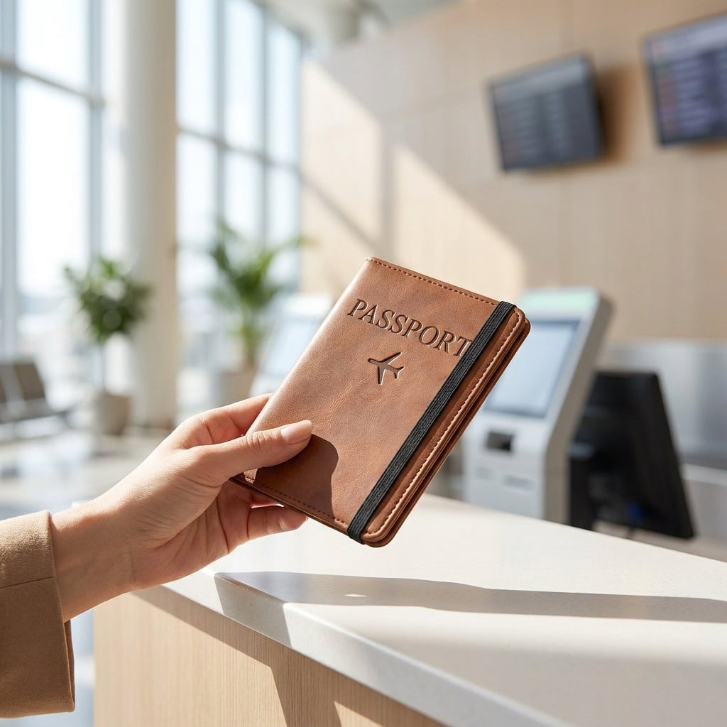 RFID passport holder travel wallet held at a sunlit airport check-in counter