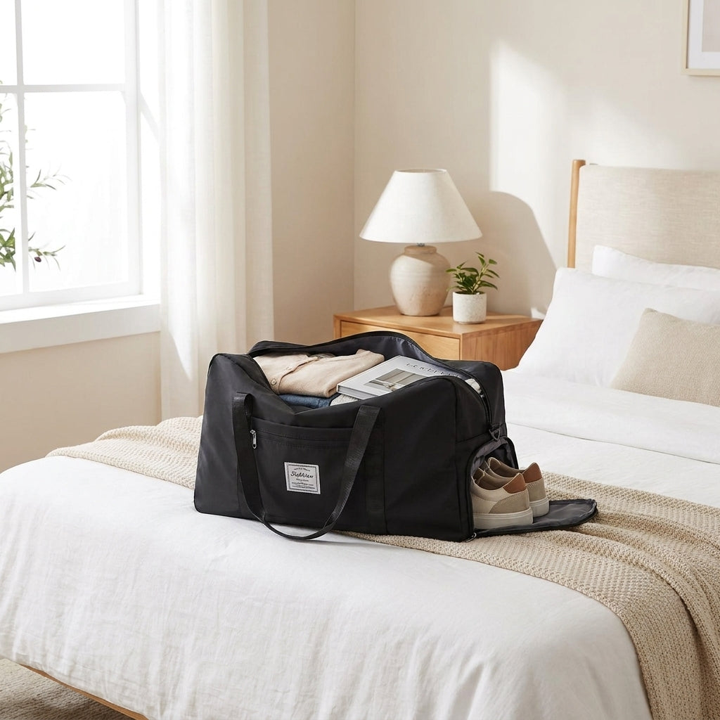 Foldable travel duffel bag on a bed packed for a weekend trip
