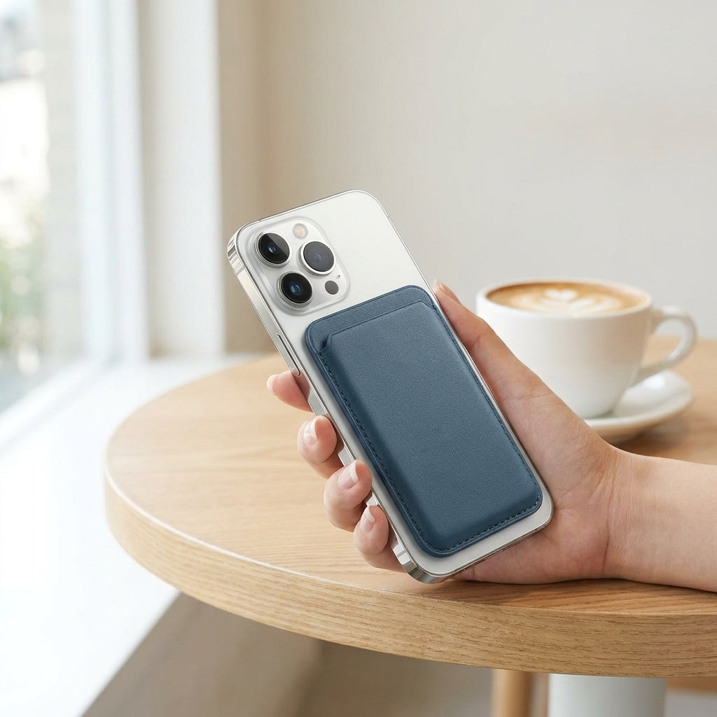 MagSafe leather wallet case on a smartphone at a bright cafe table