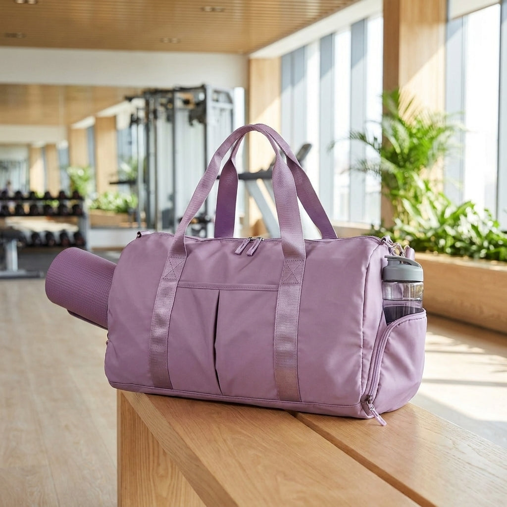 Waterproof sports gym duffel bag on a bench in a bright modern gym